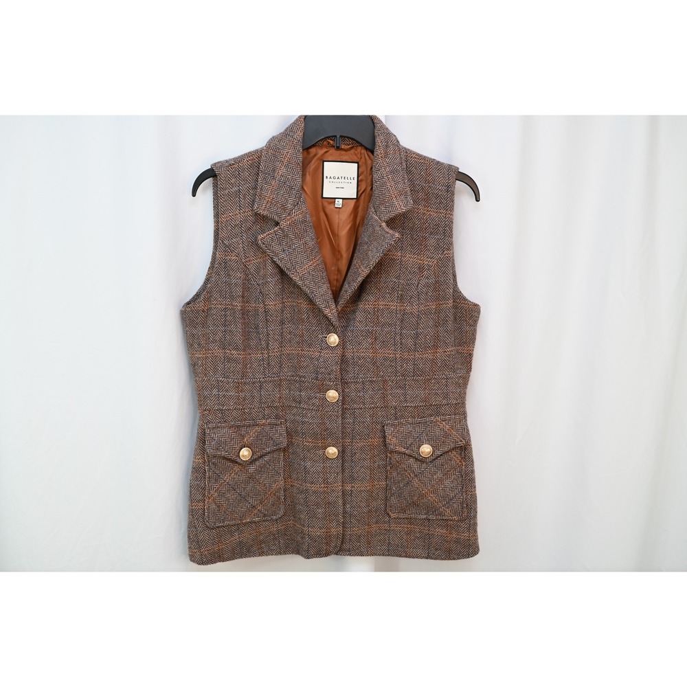 Bagatelle Collection Brown Plaid Wool Blend Vest Gold Buttons XL